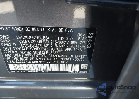 2024 Honda Hr-V 2Wd Ex-L/2Wd Ex-L W/O Bsi z USA, uszkodzony, nr VIN 3CZRZ1H76RM706527